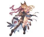  2girls animal_ears asymmetrical_legwear bandaged_arm bandages belt_pouch blonde_hair carrying erune granblue_fantasy knife long_hair mari_(granblue_fantasy) meg_(granblue_fantasy) multiple_girls official_art ponytail pouch redhead shark sunglasses uneven_legwear 