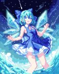  1girl absurdres blue_dress blue_eyes blue_hair blush blush_stickers cirno dress fairy_wings highres ice ice_wings mixed-language_commentary night night_sky open_mouth pixel_art shooting_star short_hair sidelocks sky smile solo standing tomoruka_mr touhou wading waves wings 