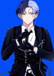  1boy :| adjusting_clothes adjusting_necktie aoyagi_touya black_gloves black_jacket black_necktie blue_background blue_hair chinese_commentary closed_mouth collared_shirt commentary_request curtained_hair dark_blue_hair earrings frilled_jacket frills gloves grey_eyes highres jacket jewelry lapels light_blue_hair looking_to_the_side male_focus multicolored_hair necktie niyou_(2067858864) notched_lapels open_collar parted_hair project_sekai shirt short_hair simple_background single_earring solo split-color_hair suit_jacket two-tone_hair upper_body white_shirt 