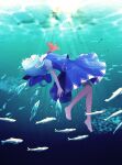  1girl absurdres air_bubble animal barefoot blue_bow blue_hair blue_skirt blue_vest bow bubble cirno closed_eyes collared_shirt detached_wings fairy fish hair_bow highres ice ice_wings shirt short_hair short_sleeves skirt solo touhou underwater vest white_shirt wings wrainman 