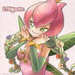  1girl blue_flower character_name detached_sleeves digimon fairy flower green_eyes green_sleeves highres leaf_wings lilimon monster_girl nagoshi plant plant_girl red_flower smile solo upper_body white_flower 