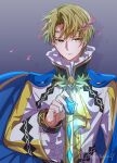 1boy alfred_(fire_emblem) blonde_hair blue_cape cape circlet closed_mouth falling_petals fire_emblem fire_emblem_engage frilled_sleeves frills green_eyes high_collar highres holding holding_sword holding_weapon long_sleeves looking_at_viewer petals short_hair simple_background solo sword weapon yutohiroya 