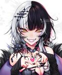  1girl ark_evil02 black_choker black_hair black_nails blunt_bangs choker evil_grin evil_smile grin hair_between_eyes hair_ornament heart heart_hands highres hololive hololive_english jewelry lace lace_choker long_hair looking_at_viewer multicolored_hair multiple_rings necklace ring sharp_teeth shiori_novella sidelocks smile solo streaked_hair teeth two-tone_hair upper_body virtual_youtuber white_hair yellow_eyes 