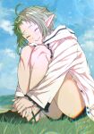  1girl ahoge artist_name black_shorts blue_sky clouds dated day elf full_body green_hair highres hood hooded_jacket hugging_own_legs jacket kiyo_(a_sam_ko) knees_to_chest knees_up mushoku_tensei on_grass outdoors pointy_ears short_hair shorts sitting sky smile solo white_jacket 