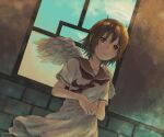  1girl angel angel_wings brown_eyes brown_hair brown_neckerchief brown_sailor_collar commentary cowboy_shot crosshatching dress dutch_angle feathered_wings haibane_renmei halo hands_on_own_stomach hatching_(texture) ichiromi indoors looking_at_viewer neckerchief own_hands_together parted_lips rakka_(haibane) sailor_collar short_hair short_sleeves solo white_dress wind window wings 