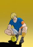  1boy alternate_costume asymmetrical_bangs ball black_eyes blonde_hair blue_shirt curly_eyebrows facial_hair full_body goatee hair_over_one_eye highres male_focus minimini one_eye_covered one_piece open_mouth sanji_(one_piece) shadow shirt short_hair short_sleeves shorts smile soccer soccer_ball soccer_uniform solo sportswear squatting uniform yellow_background 