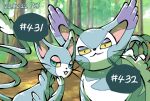  animal_focus artist_name blue_eyes cat cat_day colored_sclera dated forest glameow half-closed_eyes nature no_humans open_mouth pkj_(pikiju) pokedex_number pokemon pokemon_(creature) purugly smug speech_bubble whiskers yellow_sclera 