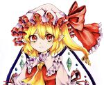  1girl ascot blonde_hair bow collar crystal_wings eyes_visible_through_hair flandre_scarlet frilled_collar frills frown hat hat_bow highres looking_at_viewer marker_(medium) medium_hair mob_cap nt0o8 one_side_up pointy_ears portrait red_bow red_eyes red_vest shirt solo touhou traditional_media vest white_background white_headwear white_shirt yellow_ascot 