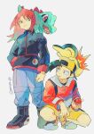  2boys amaya_uw backwards_hat black_footwear black_jacket black_shirt boots commentary_request cyndaquil ethan_(pokemon) frown hat highres holding holding_poke_ball jacket long_hair long_sleeves looking_down male_focus multiple_boys on_head pants poke_ball poke_ball_(basic) pokemon pokemon_(creature) pokemon_(game) pokemon_gsc pokemon_on_head red_eyes red_jacket redhead shirt shoes shorts silver_(pokemon) squatting totodile twitter_username white_background yellow_shorts 