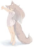  1girl animal_ears bare_legs barefoot blue_eyes fox_ears fox_girl fox_tail full_body grey_hair highres long_hair looking_at_viewer mote_max no_pants original shirt stretching tail white_shirt 