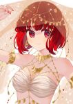  1girl arima_kana bare_shoulders bob_cut closed_mouth earrings highres inverted_bob jewelry looking_to_the_side oshi_no_ko red_eyes redhead see-through_shawl shawl shirt short_hair simple_background smile solo upper_body white_background white_shirt xiang_yu_pai 