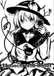  1girl absurdres blouse bow buttons closed_mouth commentary_request corded_phone cover cover_page diamond_button eyes_visible_through_hair frilled_shirt_collar frills greyscale hair_between_eyes hand_up hat hat_bow high_contrast highres holding holding_phone komeiji_koishi long_hair long_sleeves looking_at_viewer monochrome phone rpameri shirt smile solo split_mouth third_eye touhou upper_body 