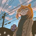  1girl animal_ears breasts breath brown_coat brown_hair can clouds coat glasses grey_eyes hand_up highres holding holding_can horse_ears ikuno_dictus_(umamusume) long_sleeves open_mouth outdoors pixel_art power_lines round_eyewear small_breasts solo sweater turtleneck turtleneck_sweater umamusume upper_body utility_pole zaidantrainer 