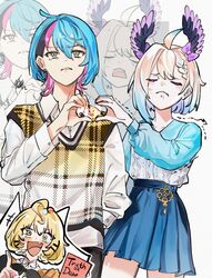  1boy 2girls absurdres ahoge alternate_costume black_hair blonde_hair blue_hair blue_shirt blue_skirt collared_shirt dress_shirt enna_alouette gradient_hair hair_ornament hairclip head_wings heart heart_hands heart_hands_duo highres jieli kyo_kaneko millie_parfait multicolored_hair multiple_girls nijisanji nijisanji_en official_alternate_hairstyle pink_hair purple_wings shirt short_hair skirt streaked_hair sweater_vest trembling white_shirt white_sweater_vest wings yellow_eyes 