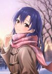  1girl absurdres b1ack_illust bare_tree blue_hair blurry blurry_background blush brown_coat brown_eyes closed_mouth coat dot_nose flat_chest floating_scarf from_side gradient_sky hand_up highres idolmaster idolmaster_(classic) idolmaster_million_live! idolmaster_million_live!_theater_days kisaragi_chihaya long_hair long_sleeves looking_at_viewer outdoors pink_scarf plaid plaid_scarf scarf sky smile snow snowing solo sweater tree white_sweater winter 
