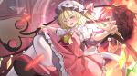  1girl ascot blurry blurry_background commentary crystal fang fingernails flandre_scarlet frilled_skirt frills hair_between_eyes hat hat_ribbon highres laevatein_(touhou) long_fingernails long_hair maboroshi_mochi mob_cap one_side_up open_mouth red_eyes red_footwear red_nails red_ribbon red_skirt red_vest ribbon shirt short_sleeves skin_fang skirt solo thigh-highs touhou v-shaped_eyebrows vest white_headwear white_shirt white_thighhighs wings yellow_ascot 