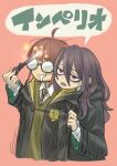  2girls ahoge black_robe brown_hair casting_spell chiyo_maru clothes_grab collared_shirt cropped_torso drooling glasses green_robe hair_between_eyes head_on_another&#039;s_shoulder highres hogwarts_legacy holding holding_wand hood hood_down hooded_robe hufflepuff jitome long_hair magic mind_control mouth_drool multiple_girls necktie opaque_glasses open_mouth original pink_background pink_eyes purple_hair robe round_eyewear sanpaku sharp_teeth shirt slytherin smile speech_bubble star_(symbol) striped_necktie sweater teeth translation_request wand wavy_hair white_shirt wizarding_world yellow_robe yellow_sweater 