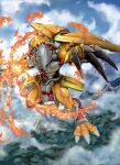  armor claws digimon digimon_(creature) digimon_adventure fire flying gauntlets green_eyes helmet highres horns incoming_attack kou_(xcws3487) monster muscular muscular_male no_humans redhead reptile_boy short_hair wargreymon wings yellow_armor 