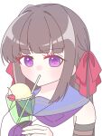  1girl alicia_(aris_lily0418) arm_at_side assault_lily blue_sailor_collar blunt_bangs brown_hair cherry closed_mouth cup detached_sleeves drinking drinking_glass drinking_straw drinking_straw_in_mouth food fruit hair_intakes hair_ribbon hand_up highres holding holding_cup ice_cream ice_cream_float kozue_west long_hair looking_at_viewer neckerchief odaiba_girls_high_school_uniform purple_neckerchief red_ribbon ribbon sailor_collar school_uniform shirt sidelocks simple_background sleeveless sleeveless_shirt solo upper_body violet_eyes white_background white_shirt 