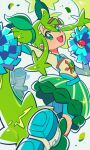 1girl :d absurdres bike_shorts blush cheerleader chueog commentary eyelashes falling_leaves green_eyes green_hair green_skirt hair_ornament happy hatsune_miku highres holding holding_poke_ball holding_pom_poms leaf long_hair open_mouth poke_ball poke_ball_(basic) pokemon pom_pom_(cheerleading) project_voltage shirt shoes skirt smile solo tongue twintails vocaloid yellow_shirt