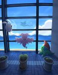  airdramon betamon blue_sky brick_floor claws clouds day digimon digimon_(creature) facing_away floor highres holy_ring indoors looking_at_another marinangemon no_humans pitchmon reflection sayuri_d_(liliana86973943) sky tail window wings 