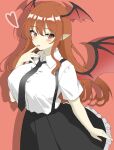  1girl absurdres bat_wings black_necktie black_skirt breasts collared_shirt commentary frilled_skirt frills head_wings heart highres koakuma large_breasts long_hair multiple_wings necktie no_vest one-hour_drawing_challenge pointy_ears red_background red_eyes red_nails redhead shirokumall shirt short_sleeves simple_background skirt solo touhou white_shirt wings 