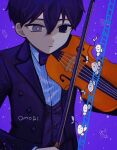  0tz026 1boy black_bow black_bowtie black_eyes black_hair bow bow_(music) bowtie closed_mouth copyright_name expressionless holding holding_instrument holding_violin instrument long_sleeves music omori playing_instrument short_hair solo spoilers sprout_mole sunny_(omori) 