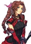  1girl aerith_gainsborough black_bodysuit black_choker blue_eyes bodysuit bow braid braided_ponytail breasts brown_hair choker closed_mouth cowboy_shot drill_hair elbow_gloves final_fantasy final_fantasy_vii final_fantasy_vii_ever_crisis gloves hair_bow hair_ribbon hankuri holding holding_staff long_hair looking_at_viewer medium_breasts official_alternate_costume parted_bangs pink_ribbon red_bow red_gloves ribbon side_drill sidelocks simple_background solo staff standing twin_drills white_background zipper_pull_tab 