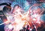 4girls absurdres aerial_fireworks azur_lane bare_shoulders barefoot bob_cut double_bun fireworks floating_hair hair_bun highres holding_fireworks l&#039;indomptable_(azur_lane) le_malin_(azur_lane) le_terrible_(azur_lane) le_triomphant_(azur_lane) long_hair looking_at_another looking_at_viewer multicolored_hair multiple_girls nishikikope official_art open_mouth redhead reflection short_hair sitting smile standing streaked_hair very_long_hair water white_hair 