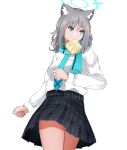  1girl absurdres animal_ears black_skirt blue_archive blue_eyes blue_scarf fox_ears grey_hair highres long_sleeves noix scarf school_uniform shiroko_(blue_archive) shirt short_hair simple_background skirt white_shirt 