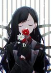  1girl black_gloves black_hair closed_eyes commentary covered_mouth ear_piercing earrings facing_viewer flower gloves hand_up holding holding_flower jewelry lapels light_up_the_fire_(project_sekai) long_hair long_sleeves notched_lapels official_alternate_costume piercing project_sekai red_flower rt_enpt shiraishi_an solo twitter_username upper_body white_flower 