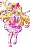  1girl absurdres asahina_mirai belly_chain blonde_hair boots bow bracelet brooch commentary cure_miracle dress gem gloves hair_bow hand_on_own_hip hat highres jewelry kengo_kumaxile layered_dress long_hair looking_at_viewer magical_girl mahou_girls_precure! mini_hat mini_witch_hat open_mouth pink_dress pink_headwear precure puffy_short_sleeves puffy_sleeves red_bow shadow short_dress short_sleeves side_ponytail simple_background smile solo standing very_long_hair violet_eyes white_background white_footwear white_gloves witch_hat 