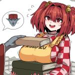  1boy 1girl apron bell book breasts checkered_clothes checkered_kimono formicid fortune_teller_(touhou) hair_bell hair_ornament holding holding_book japanese_clothes jingle_bell kimono large_breasts motoori_kosuzu red_eyes redhead short_hair simple_background touhou two_side_up white_background yellow_apron 