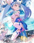  1girl blue_dress blue_eyes blue_footwear blue_hair boots bow brooch commentary cure_sky cut_bangs detached_sleeves dress dress_bow earrings frilled_dress frills gloves glowing_fist highres hirogaru_sky!_precure jewelry long_hair looking_to_the_side magical_girl multicolored_hair natadekoko_(nata_hfa) no_cape on_one_knee open_mouth petals pink_bow pink_hair precure puffy_detached_sleeves puffy_sleeves rain reflection short_dress single_horizontal_stripe single_sidelock sleeveless sleeveless_dress smile solo sora_harewataru sparkle streaked_hair thigh-highs twintails very_long_hair white_thighhighs wind wing_brooch wing_hair_ornament 