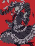  1girl aemono_(lemolemo_lmn) black_hair black_jacket black_skirt black_thighhighs card celestia_ludenberg center_frills closed_mouth danganronpa:_trigger_happy_havoc danganronpa_(series) dress_shirt drill_hair earrings frilled_skirt frills hands_up high_heels highres holding holding_card jacket jewelry layered_skirt long_hair nail_polish necktie open_clothes open_jacket red_background red_eyes red_footwear red_necktie shirt simple_background skirt smile solo thigh-highs twin_drills twintails 