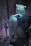  1girl absurdres animal_ears barefoot building can chair dino_(dinoartforame) grey_hair highres holding holding_can knees_to_chest looking_at_viewer night original pointy_ears shirt sitting solo t-shirt thighs window 