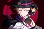  1boy bishounen black_gloves card genshin_impact gloves grey_hair hat highres lyney_(genshin_impact) male_focus mztmine playing_card serious short_hair solo spotlight teardrop_tattoo top_hat upper_body violet_eyes 