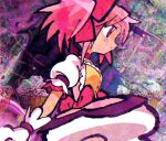  1girl abstract_background bow bubble_skirt closed_mouth commentary dress from_side gloves hair_bow highres kaname_madoka looking_ahead magical_girl mahou_shoujo_madoka_magica mahou_shoujo_madoka_magica_(anime) pink_bow pink_dress pink_eyes pink_hair profile puffy_short_sleeves puffy_sleeves samusu_gi short_hair short_sleeves skirt solo symbol-only_commentary twintails white_gloves white_sleeves 