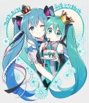  2girls arm_tattoo black_bow black_sleeves blue_eyes blush bow cake collared_shirt commentary_request crown detached_sleeves dual_persona eating flower food fork green_eyes green_hair green_necktie grey_background grey_shirt hair_bow hair_ribbon halftone hatsune_miku heart highres holding holding_fork holding_plate hug long_hair looking_at_viewer mini_crown multiple_girls necktie number_tattoo one_eye_closed plate ribbon shirt simple_background smile tattoo twintails vocaloid wannyanpu white_sleeves 