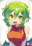  1girl absurdres breasts china_dress chinese_clothes covered_collarbone draco_centauros dragon_girl dragon_horns dragon_wings dress elbow_gloves fang gloves green_hair highres horns large_breasts looking_at_viewer offbeat pointy_ears puyopuyo red_dress short_hair simple_background sleeveless sleeveless_dress solo teeth upper_body upper_teeth_only white_background white_gloves wings yellow_eyes 