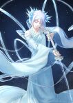  1girl bleach bleach:_the_thousand-year_blood_war crystal_sword dark_background detached_sleeves dress english_commentary hair_between_eyes hakka_no_togame_(bankai) highres holding holding_sword holding_weapon ice ice_flower katana kuchiki_rukia long_dress mitarashi_(5333069) parted_lips shinigami short_hair solo sword weapon white_dress white_eyes white_hair white_sleeves wide_sleeves zanpakutou 