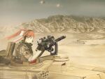  1girl aircraft airplane alternate_costume american_flag ammunition_pouch black-framed_eyewear blush body_armor bow brown_gloves brown_hair brown_jacket camouflage camouflage_jacket closed_mouth commentary day desert desert_camouflage doki_doki_literature_club ear_protection english_commentary eotech f-18_hornet fatigues fighter_jet floating_hair francisluong gatling_gun glasses gloves green_eyes green_scarf grey_sky gun hair_ribbon headset highres hydration_carrier jacket jet keffiyeh light_smile looking_at_viewer m134_minigun m1_abrams machine_gun microphone military_jacket military_uniform military_vehicle monika_(doki_doki_literature_club) motor_vehicle mountainous_horizon on_vehicle open_hatch outdoors over-rim_eyewear patch plate_carrier pocket ponytail pouch ribbon scarf semi-rimless_eyewear short_sleeves shoulder_patch sky sleeves_rolled_up smile smoke_grenade_launcher soldier solo tank triangle uniform upper_body watch watch weapon white_bow white_ribbon wind 