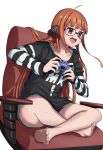  1girl absurdres barefoot black_shirt brown_hair controller crossed_legs game_controller glasses green_shorts headphones highres holding holding_controller holding_game_controller long_hair open_mouth orange_hair persona persona_5 s-m-53413 sakura_futaba shirt shirt_under_shirt shorts sitting smile solo striped striped_shirt white_background 