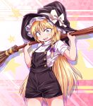  1girl adapted_costume alternate_costume black_overalls black_shorts blonde_hair braid broom carrying_over_shoulder cowboy_shot hair_ribbon hat holding holding_broom kirisame_marisa legs_apart long_hair open_mouth overall_shorts overalls ribbon shimizu_pem shirt short_sleeves shorts side_braid solo thick_eyebrows touhou tress_ribbon v-shaped_eyebrows very_long_hair white_shirt witch witch_hat yellow_eyes 