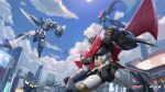  battle blue_sky building city clouds copyright_name crossover firing flying great_mazinger_(robot) gun highres holding holding_gun holding_sword holding_weapon iron_saga mazinger_(series) mazinger_z mazinger_z_(mecha) mecha mountain no_humans official_art robot sky sword vassago_(iron_saga) weapon wings 