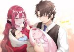  absurdres baby baobhan_sith_(fate) bib black_hair blush breasts family fate/grand_order fate_(series) father_and_daughter father_and_son fujimaru_ritsuka_(male) grey_eyes hair_ornament hair_scrunchie highres ichi_kq if_they_mated mother_and_daughter mother_and_son necktie open_mouth pointy_ears red_shirt redhead scrunchie shirt signature smile tearing_up tears 