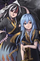  2girls allcy49 alternate_hair_length alternate_hairstyle black_dress black_hair black_kimono blue_eyes blue_hair dress hair_between_eyes hair_ornament half-closed_eyes heterochromia highres japanese_clothes kijin_seija kimono long_bangs long_hair long_sleeves looking_at_viewer multicolored_hair multiple_girls open_mouth red_eyes redhead sash short_sleeves sidelocks streaked_hair tatara_kogasa touhou umbrella white_hair wide_sleeves 