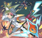  1girl armband bird black_footwear boots buttons closed_mouth commentary_request crossover eyelashes gloves green_eyes green_hair grey_headwear grey_jumpsuit hat hatsune_miku highres jumpsuit long_hair outline outstretched_arm pokemon pokemon_(creature) project_voltage red_gloves rotom rotom_(normal) smile sutokame twintails vocaloid wattrel 