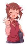  1girl ^_^ amami_haruka bag blush bow breasts brown_hair buchi_(y0u0ri_) closed_eyes dot_nose grey_skirt hair_bow hair_ribbon hand_up hands_up holding_strap idolmaster idolmaster_(classic) idolmaster_million_live! idolmaster_million_live!_theater_days long_sleeves medium_breasts neck_ribbon open_hand open_mouth pink_shirt pleated_skirt red_ribbon red_sweater_vest ribbon school_bag school_uniform shirt short_hair simple_background skirt smile solo sweater_vest upper_body white_background 