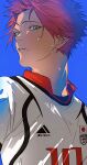  1boy absurdres blue_background blue_lock bo_toike57 green_eyes highres itoshi_sae looking_at_viewer male_focus parted_lips pink_hair shadow short_hair soccer_uniform solo spiky_hair sportswear sweat sweatdrop upper_body white_hair 